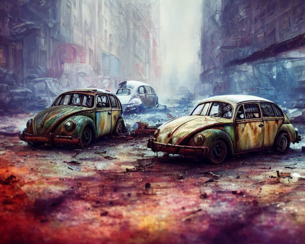 Derelict cars in foggy, desolate street with VW Beetles