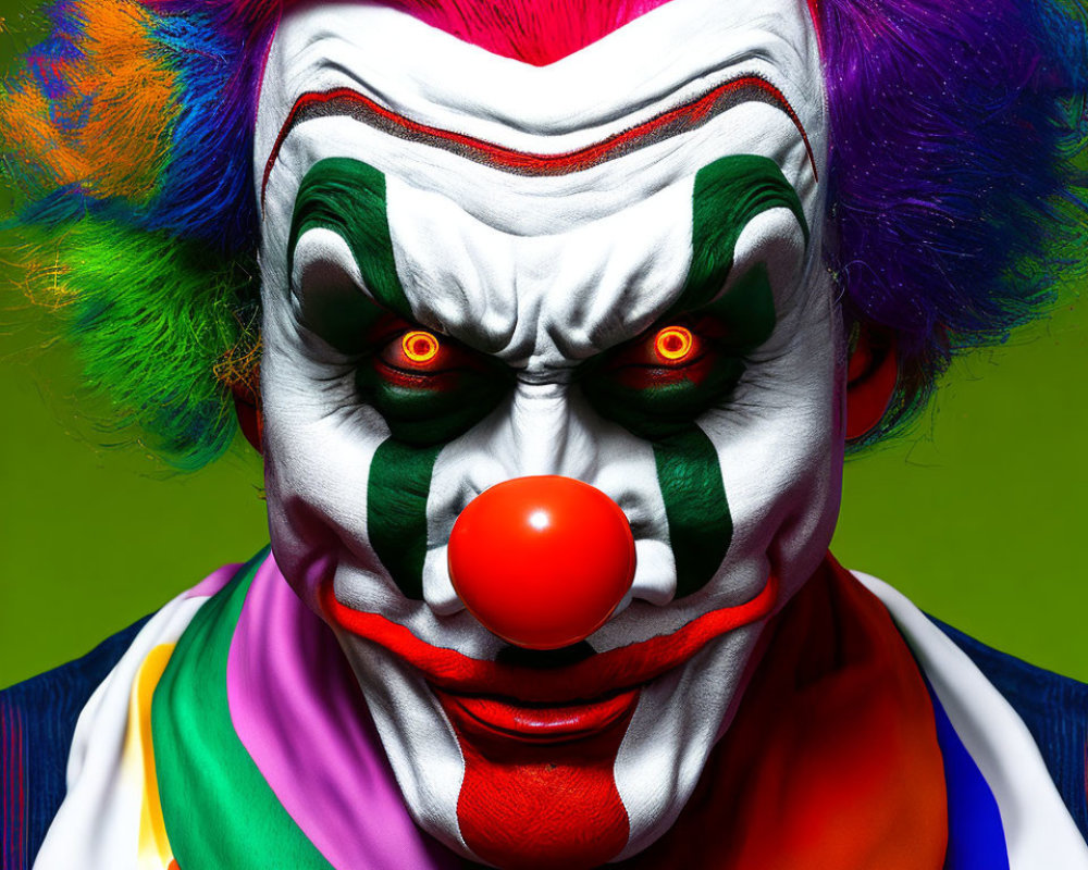 Close-up of person with dramatic clown makeup: white face, red nose, green eyes, multi-colored