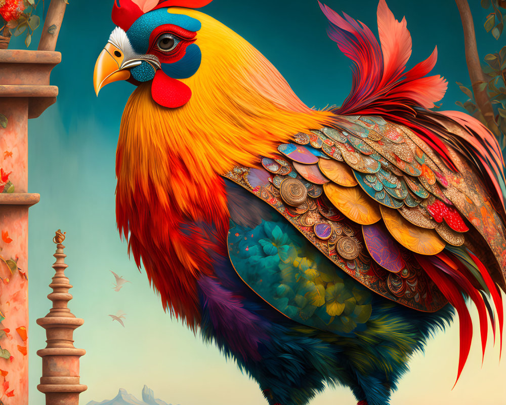 Colorful Rooster Illustration Among Flora, Chess Piece, and Mountains