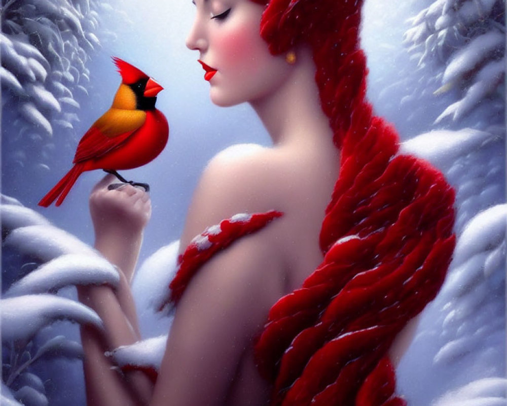 Woman in red textured garment with cardinal in snowy forest