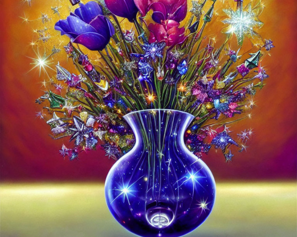 Colorful flowers in blue vase on vibrant background.