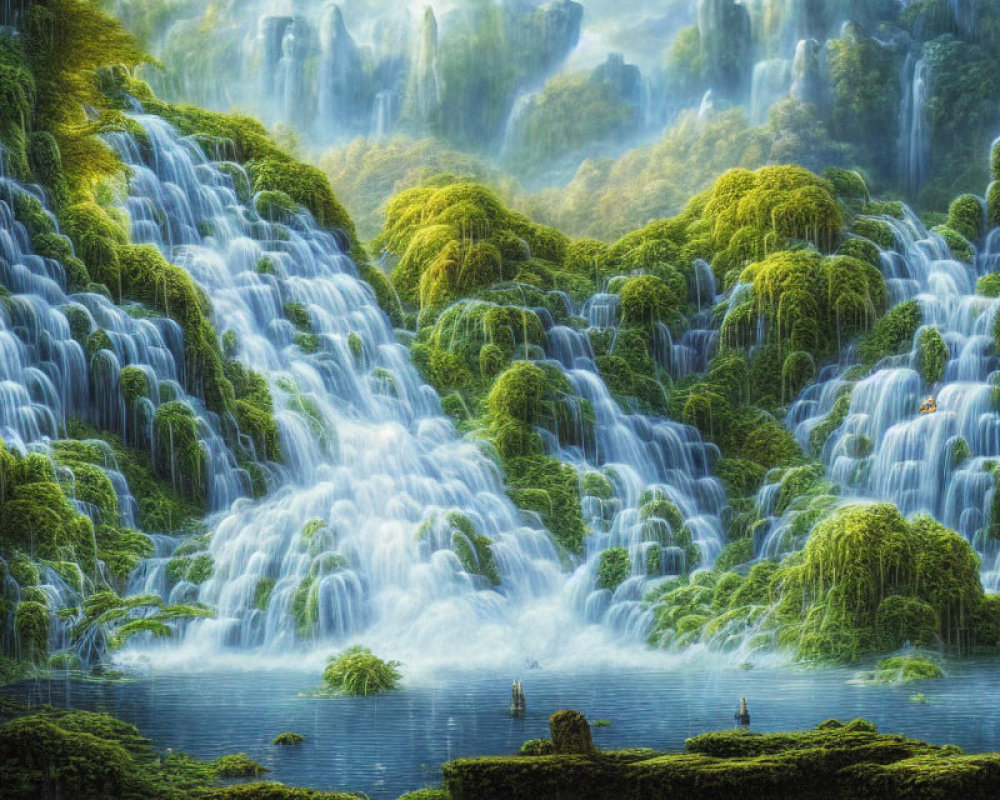 Magical waterfall surrounded by lush greenery in serene forest landscape