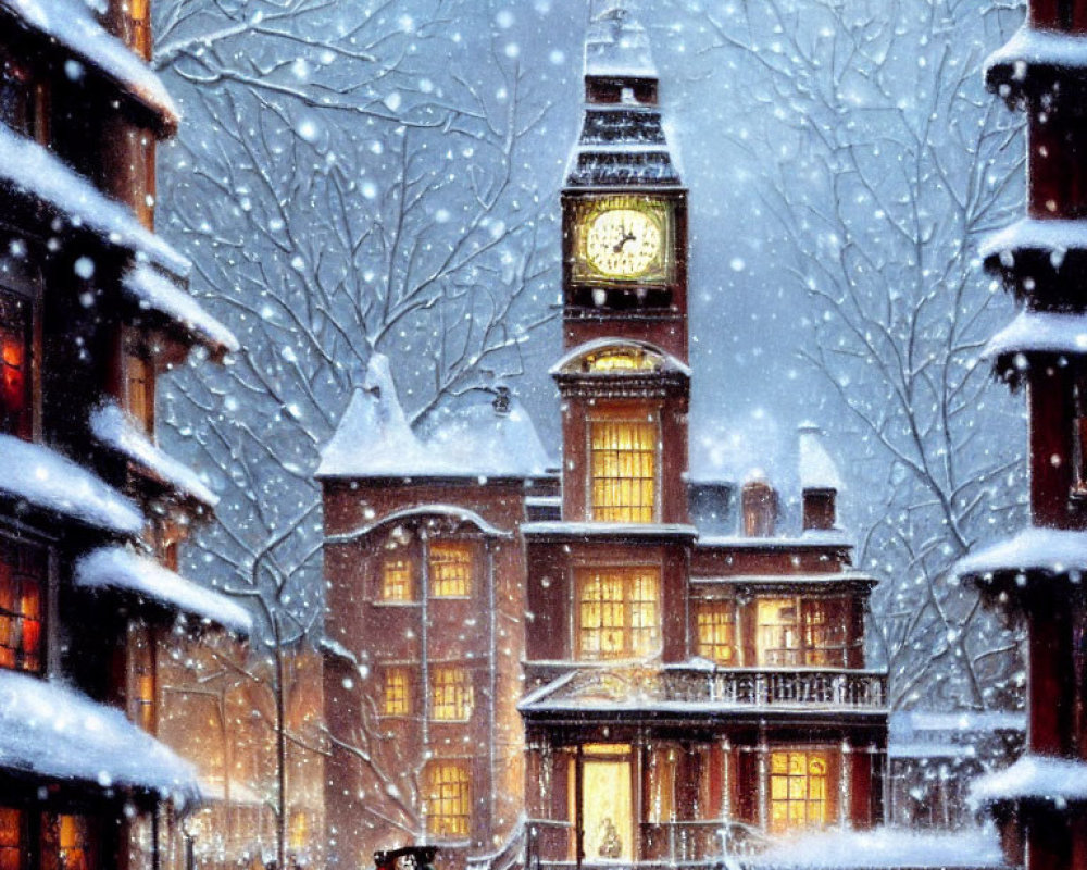 Snowy Evening Scene: Couple Walking Near Clock Tower & Illuminated Building