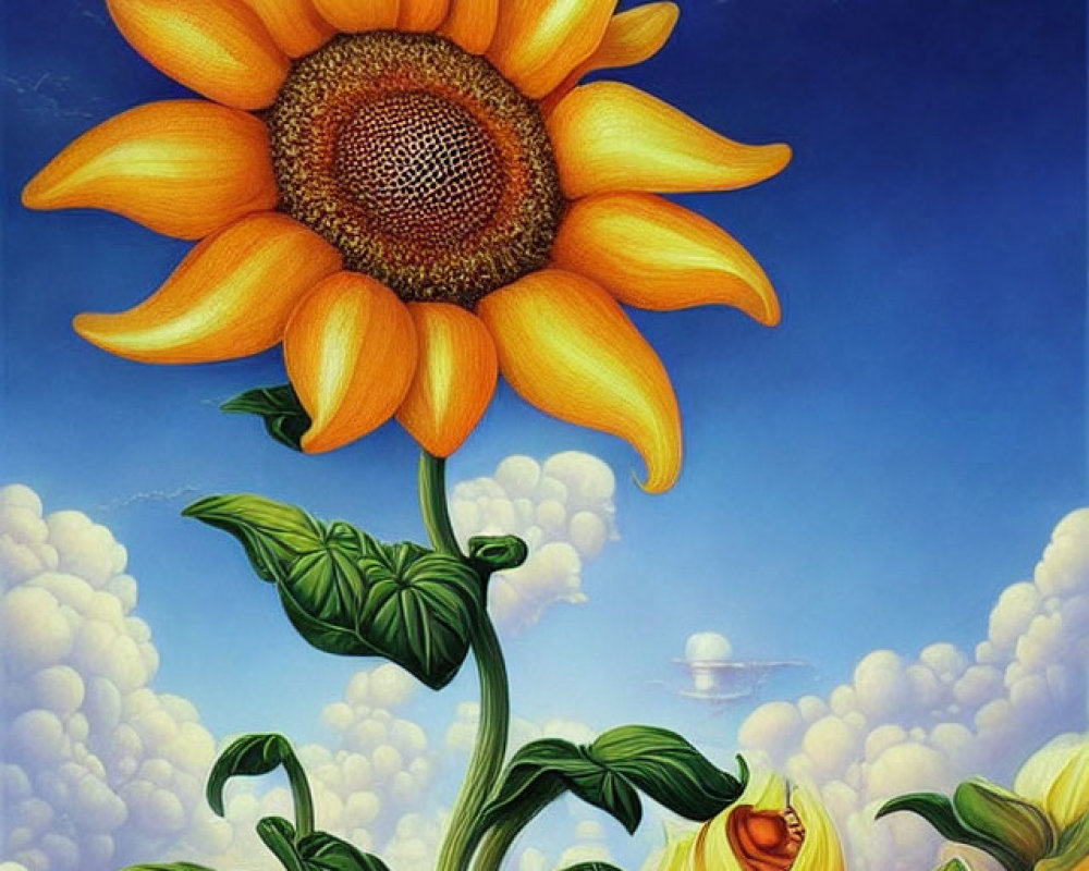 Bright sunflower painting against blue sky with fluffy clouds.