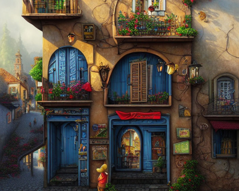 Enchanting cobblestone street scene with person in red cloak and curved stone building