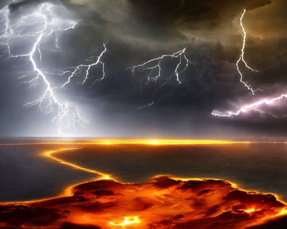 Volcanic eruption with lava flows under tumultuous sky and lightning