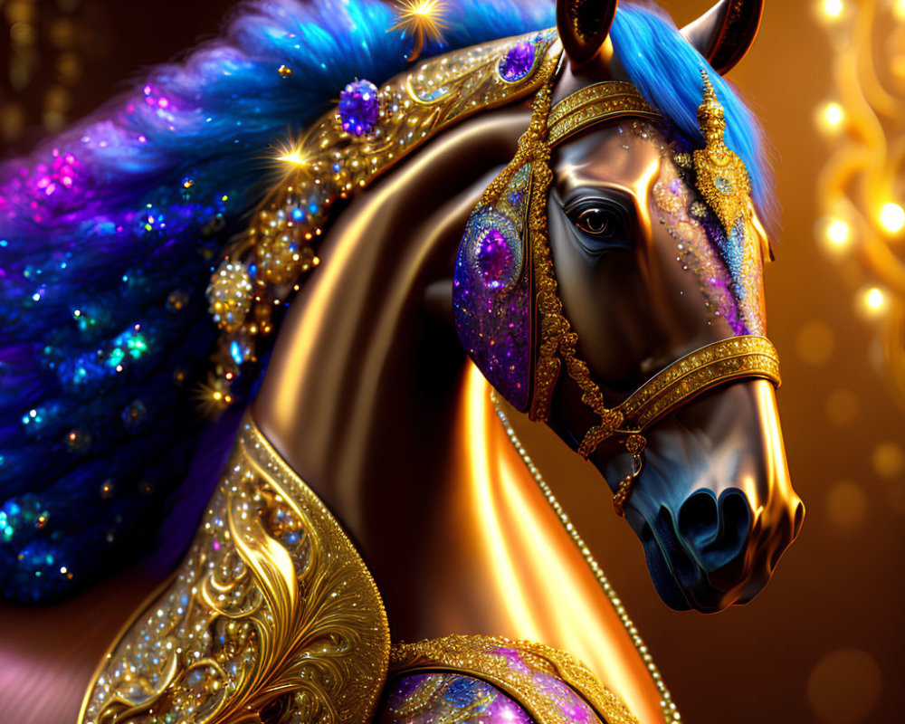 Majestic Black Horse with Blue and Purple Embellishments