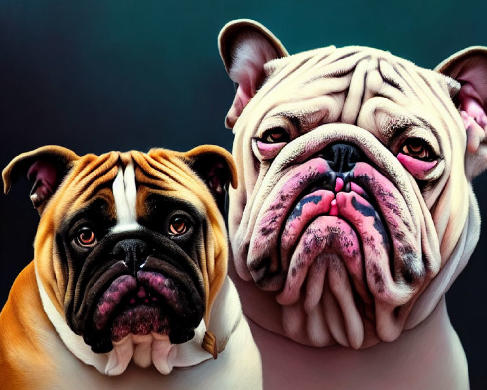 Two solemn bulldogs on dark gradient background with lifelike textures.