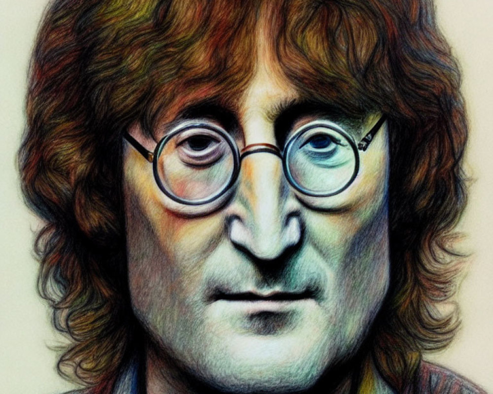 Detailed colored pencil portrait of man with round glasses and long wavy hair