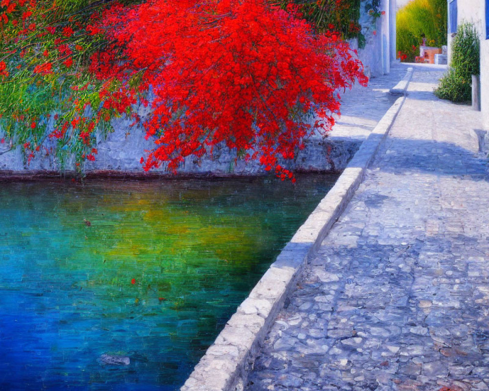 Scenic pathway by water canal with red tree and lush greenery