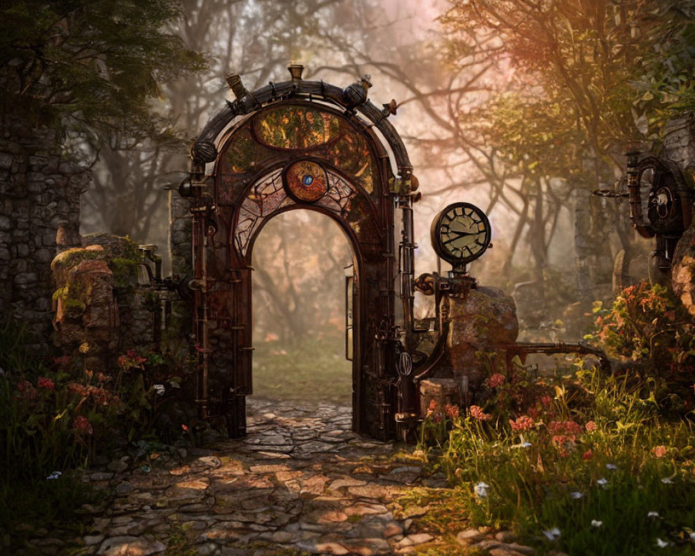 Intricate steampunk-style gate with clock and stained-glass in mystical forest