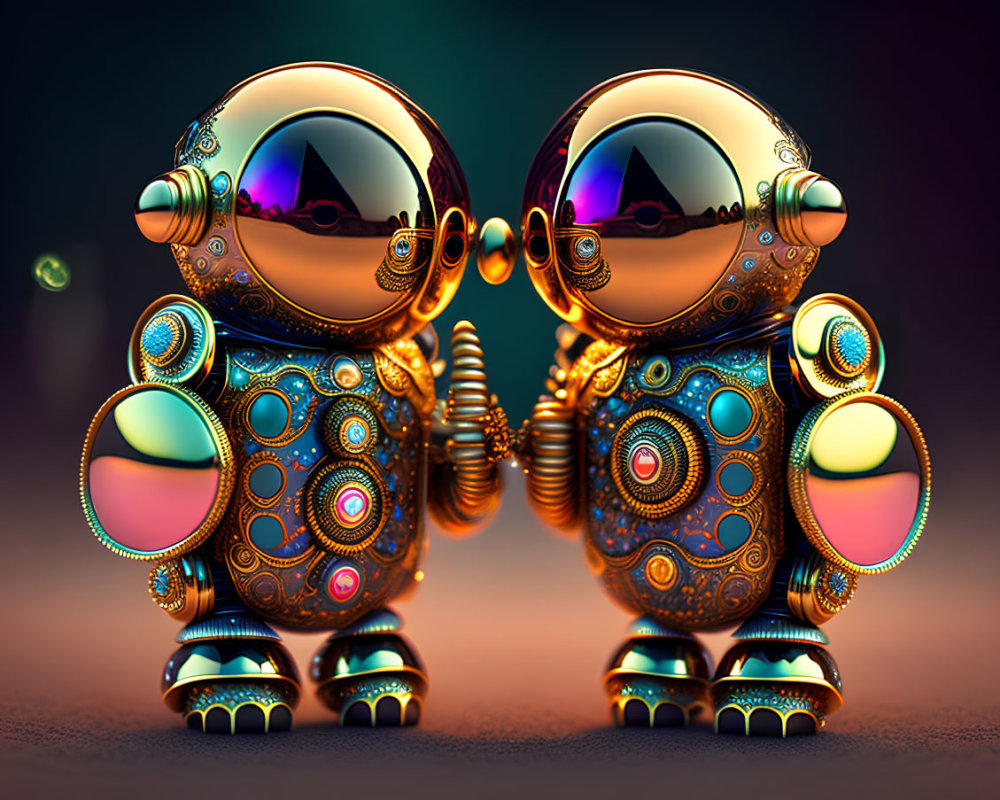 Ornate robotic figures holding hands against colorful backdrop