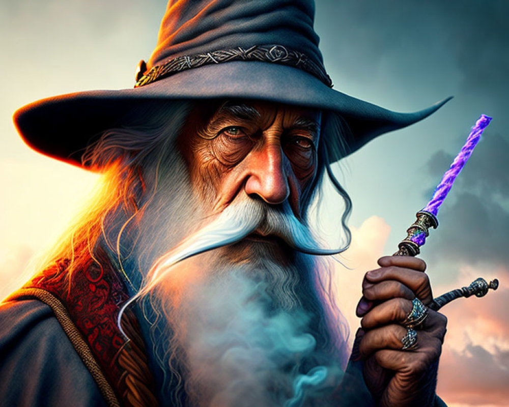 Elderly wizard with white beard, pointed hat, holding purple crystal staff