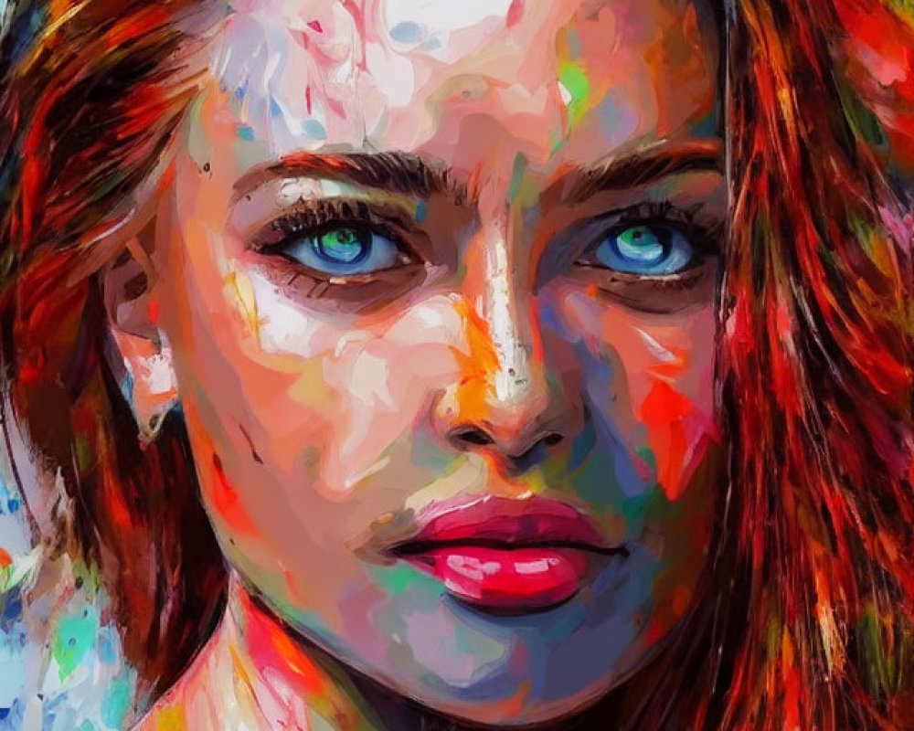 Colorful Portrait of Woman with Striking Blue Eyes and Paint Splashes