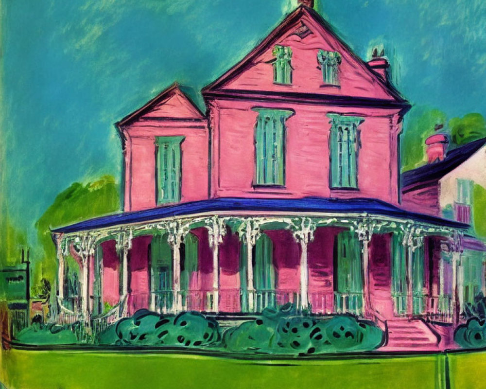 Victorian-style pink house painting with large porch and green lawn