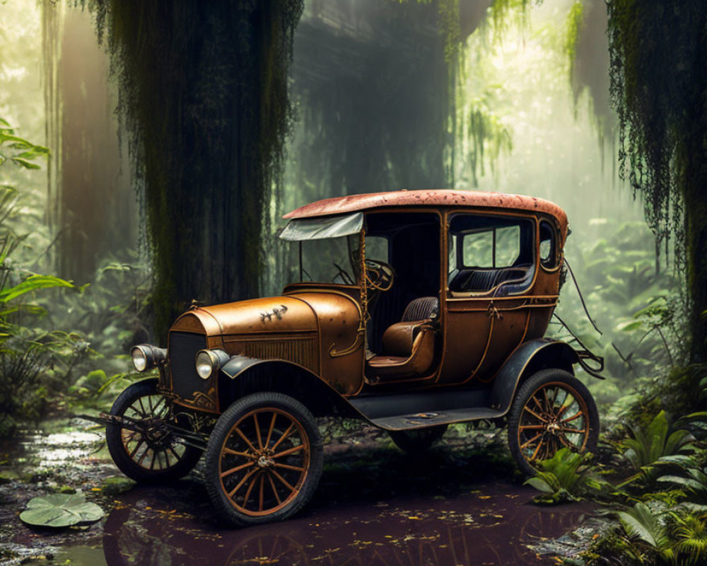 Abandoned vintage car in misty forest with moss-covered tree trunks