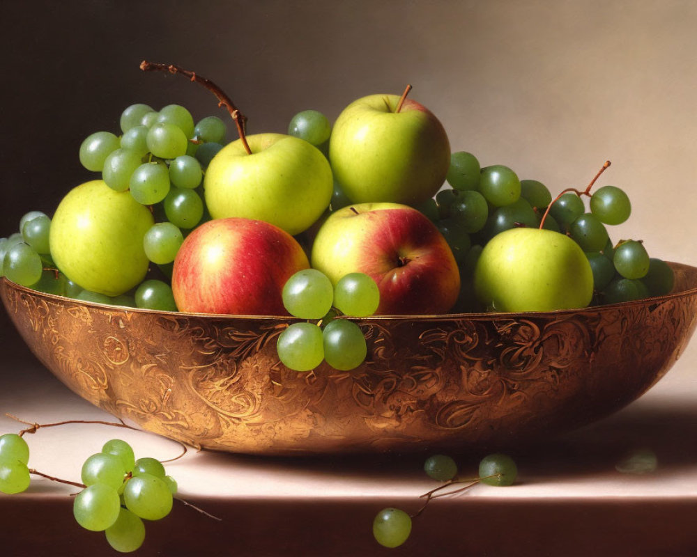 Golden bowl with apples and grapes on table - still life painting