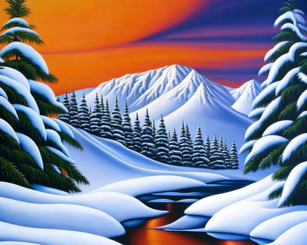 Snow-covered landscape with river and mountains in vivid painting