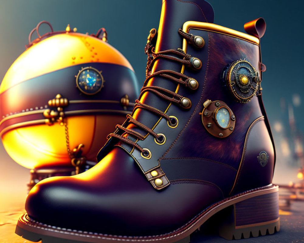 Steampunk-themed leather boot with metallic gears and sphere on moody background