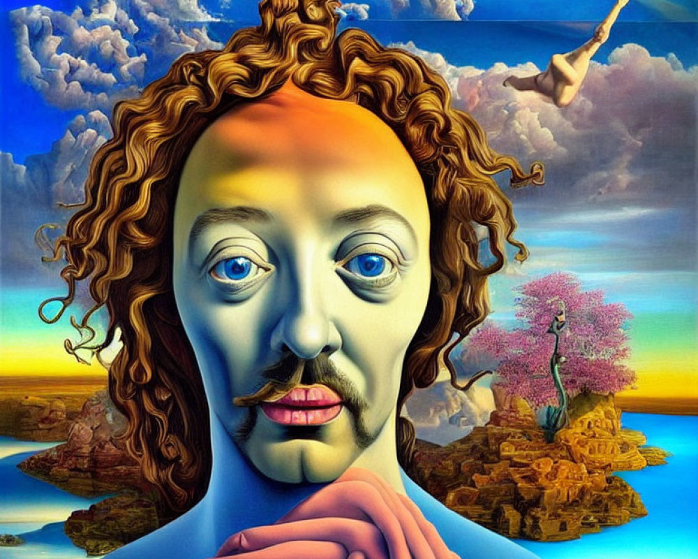 Surrealist painting of person with curly hair and surreal elements