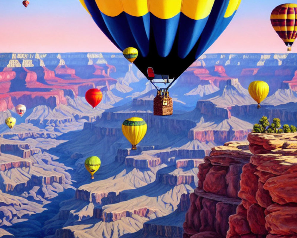 Vibrant hot air balloons over intricate canyon landscape