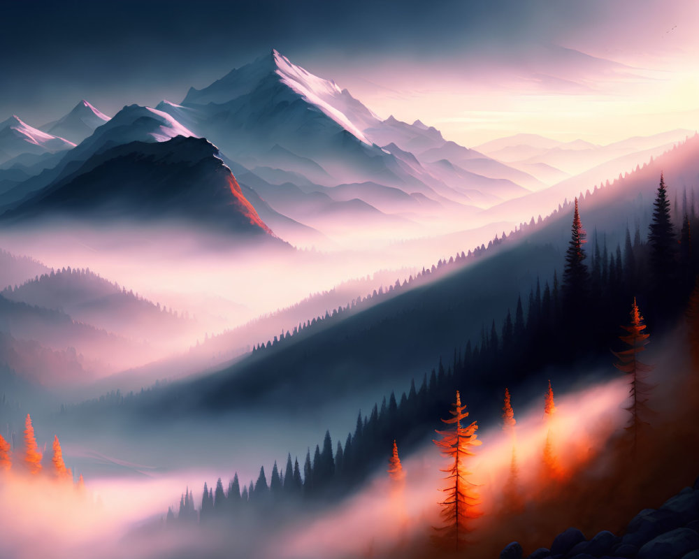 Misty mountains and glowing forests in serene landscape