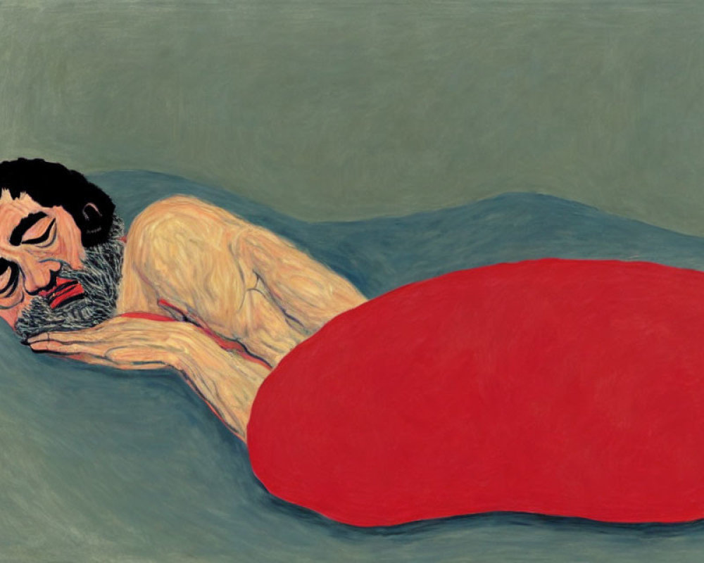 Bearded man lying on side with red blanket, grey background