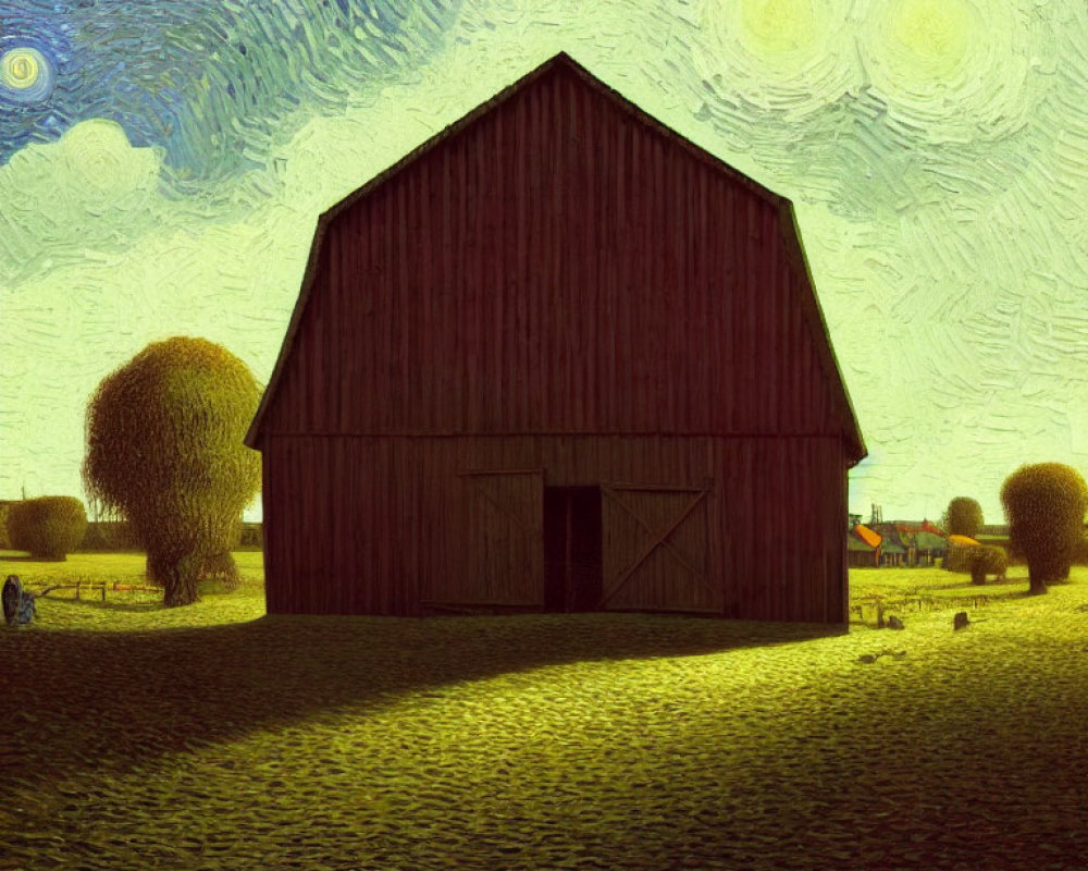 Stylized rural barn with thatched roof in Van Gogh-esque style