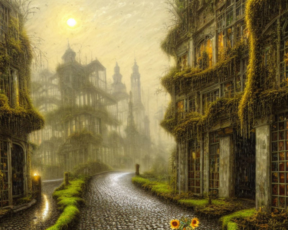 Mysterious cobblestone street with ivy-clad buildings under moonlit haze