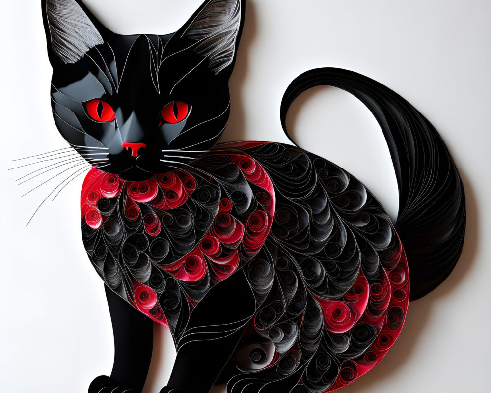 Stylized black cat with red and black patterns and red eyes