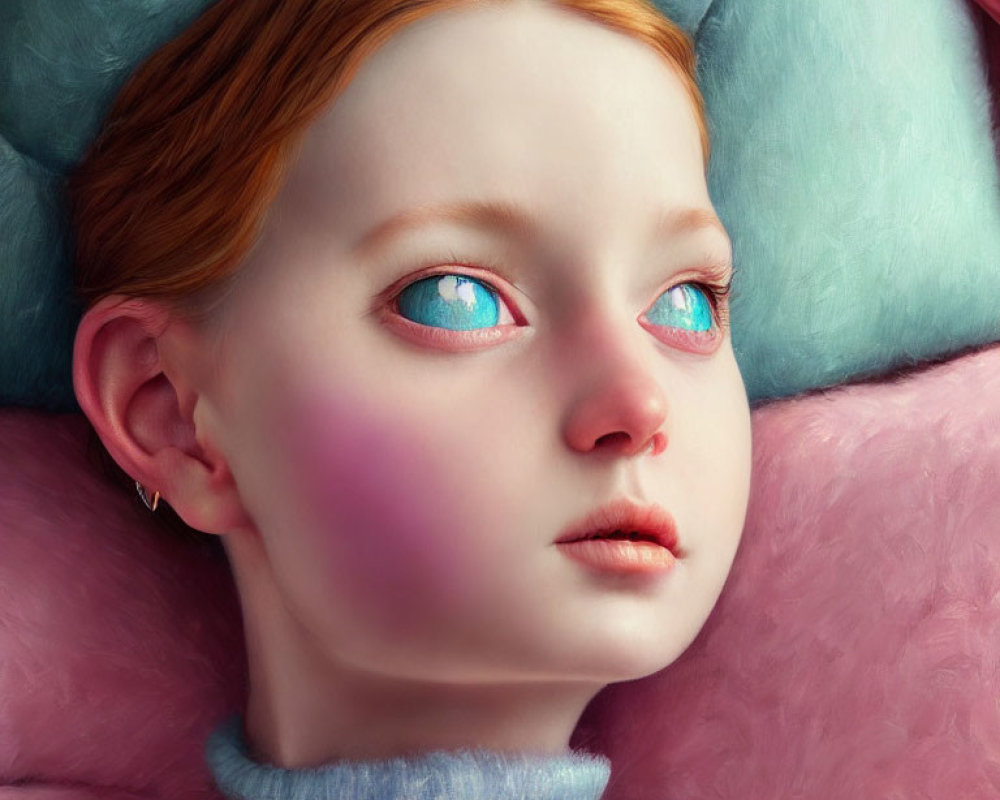 Girl with Blue Eyes and Red Hair Surrounded by Pastel Pillows