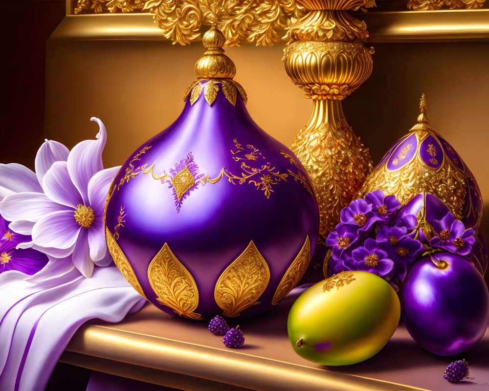 Ornate purple and gold Christmas ornaments with violet flowers on draped fabric shelf