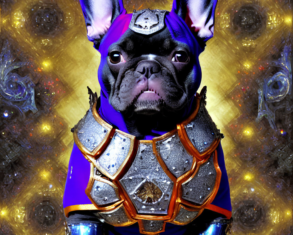 Black French Bulldog in Shiny Silver Armor on Golden Background