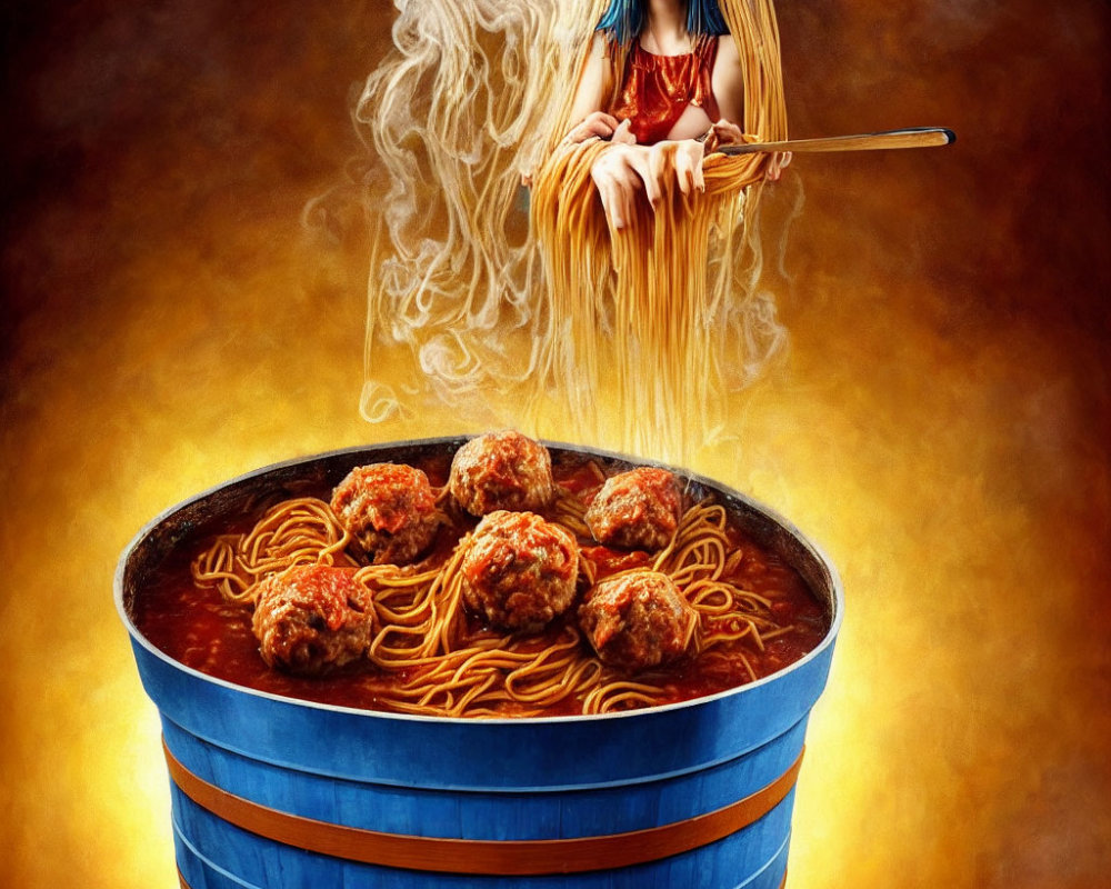 Fantasy illustration of tiny woman with blue hair stirring giant spaghetti bowl