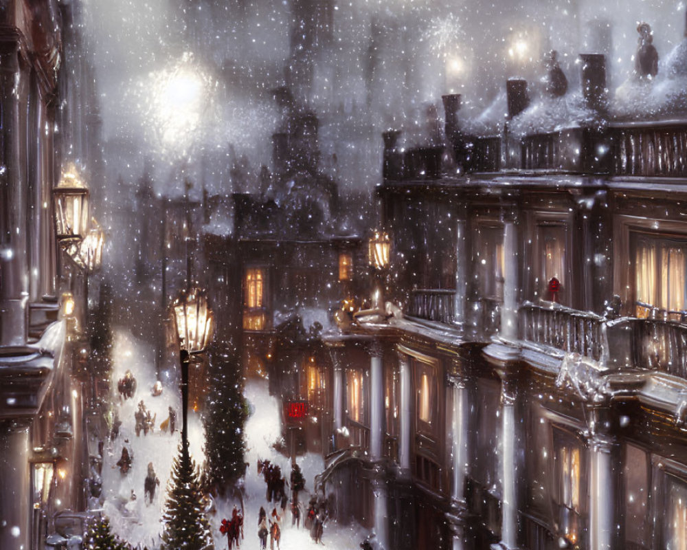 Victorian street scene with snow, festive lights, and Christmas tree