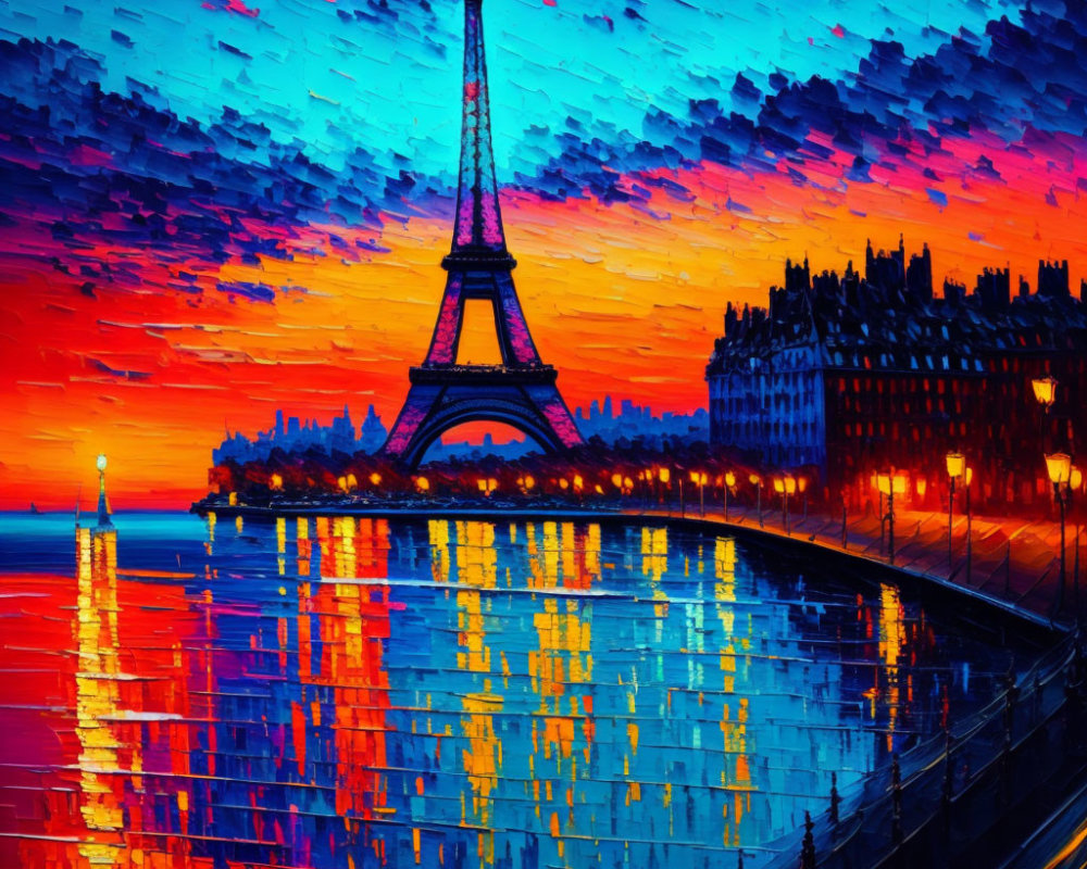 Colorful Impasto Painting of Eiffel Tower at Sunset