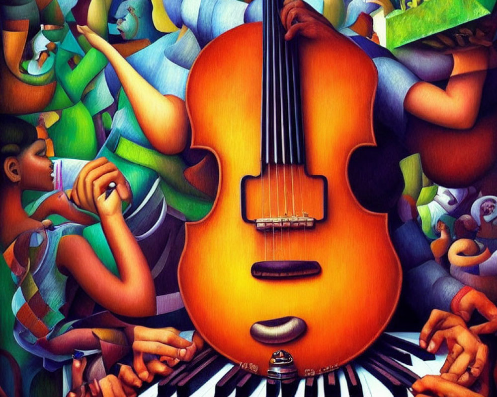 Vibrant surreal artwork: large cello fused with piano keys, surrounded by hands & abstract human