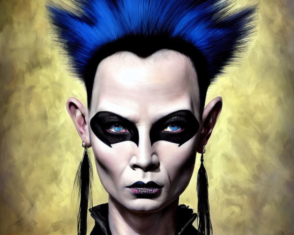 Striking Blue Mohawk and Bold Black Eye Makeup on Yellow Background