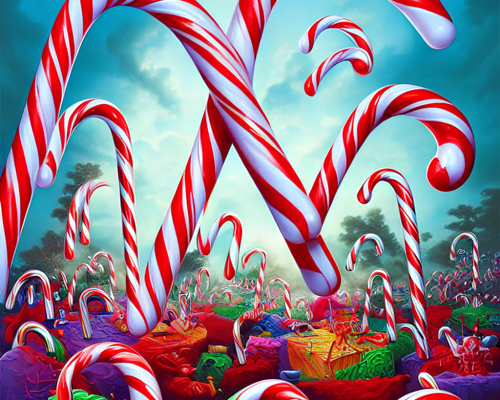 Colorful Candy Cane Landscape with Fantastical Vegetation