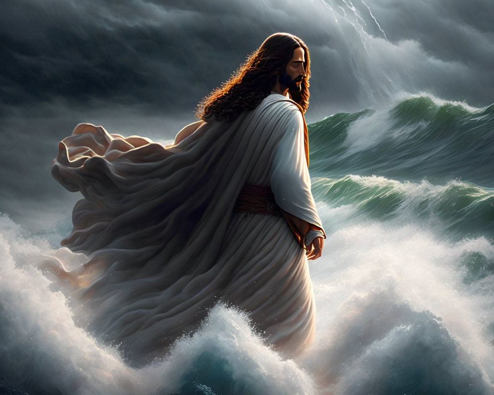 Figure in flowing robes walks on water in stormy seas with lightning.