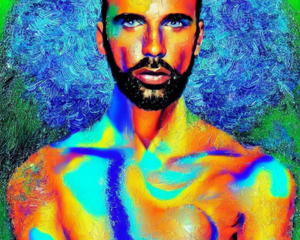 Colorful digital art: Bearded man with intense eyes in blue and green palette