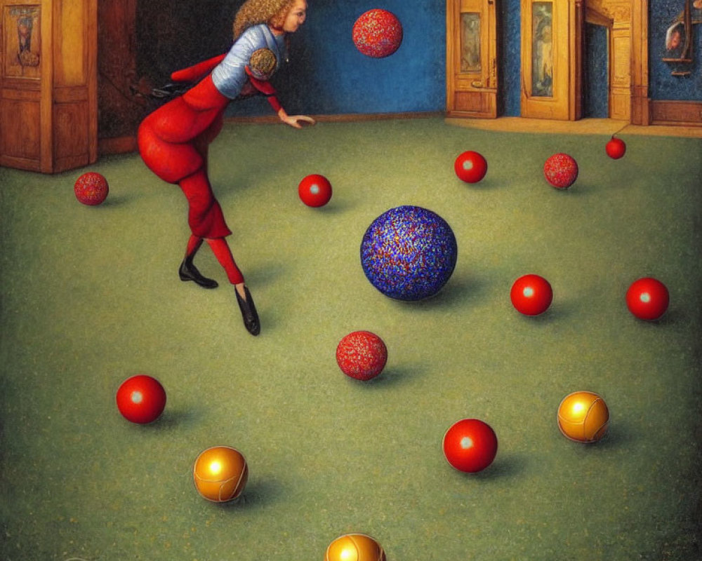 Person in Red and Blue Outfit Pushing Large Blue Ball in Ornate Room