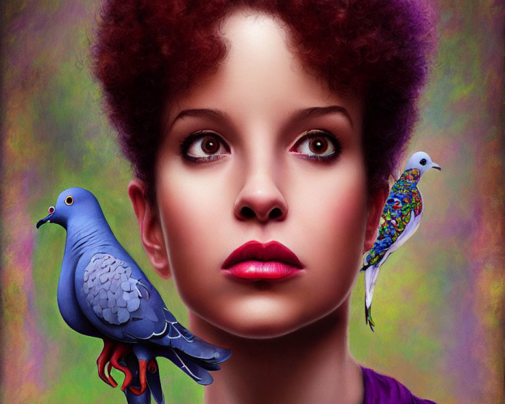 Colorful portrait with wide-eyed person, curly hair, pigeon, parrot, vibrant background