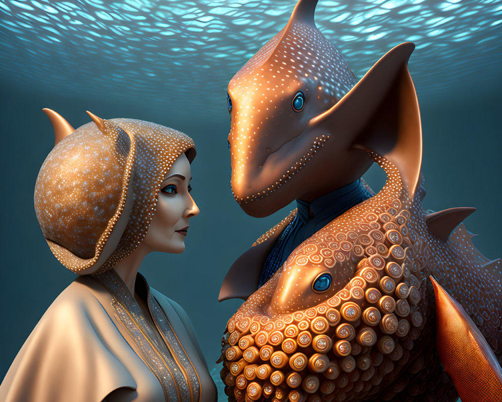 Stylized humanoid sea creatures with patterned skin underwater.