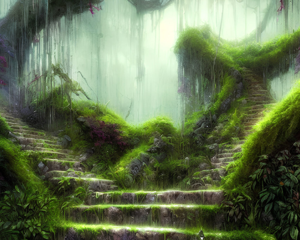 Ethereal forest scene with mist, sunlight, moss-covered staircase, lush greenery