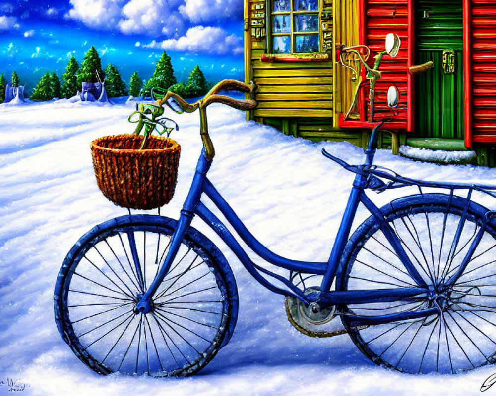 Blue Bicycle with Basket Parked in Snow by Green Door with Red Wreath