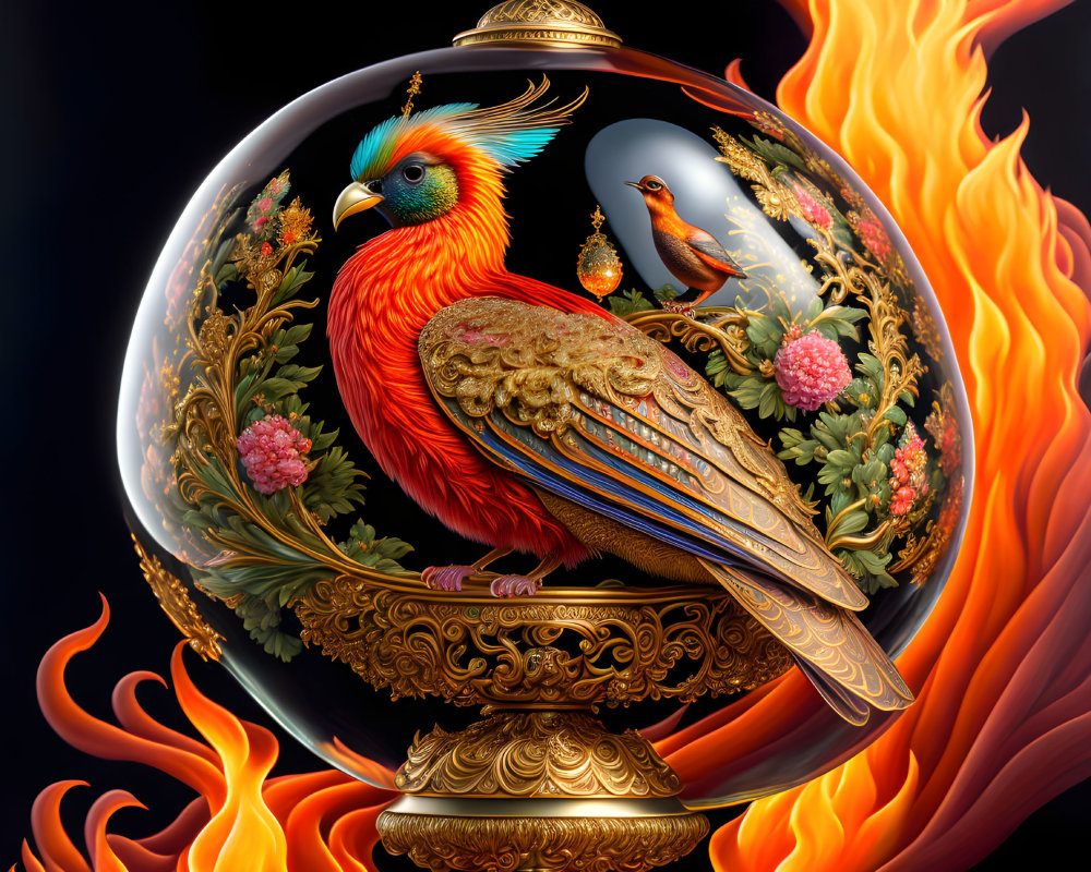 Detailed Phoenix Artwork in Glass Enclosure