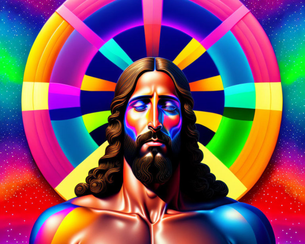 Colorful illustration of figure with long hair and beard on vibrant, psychedelic background.