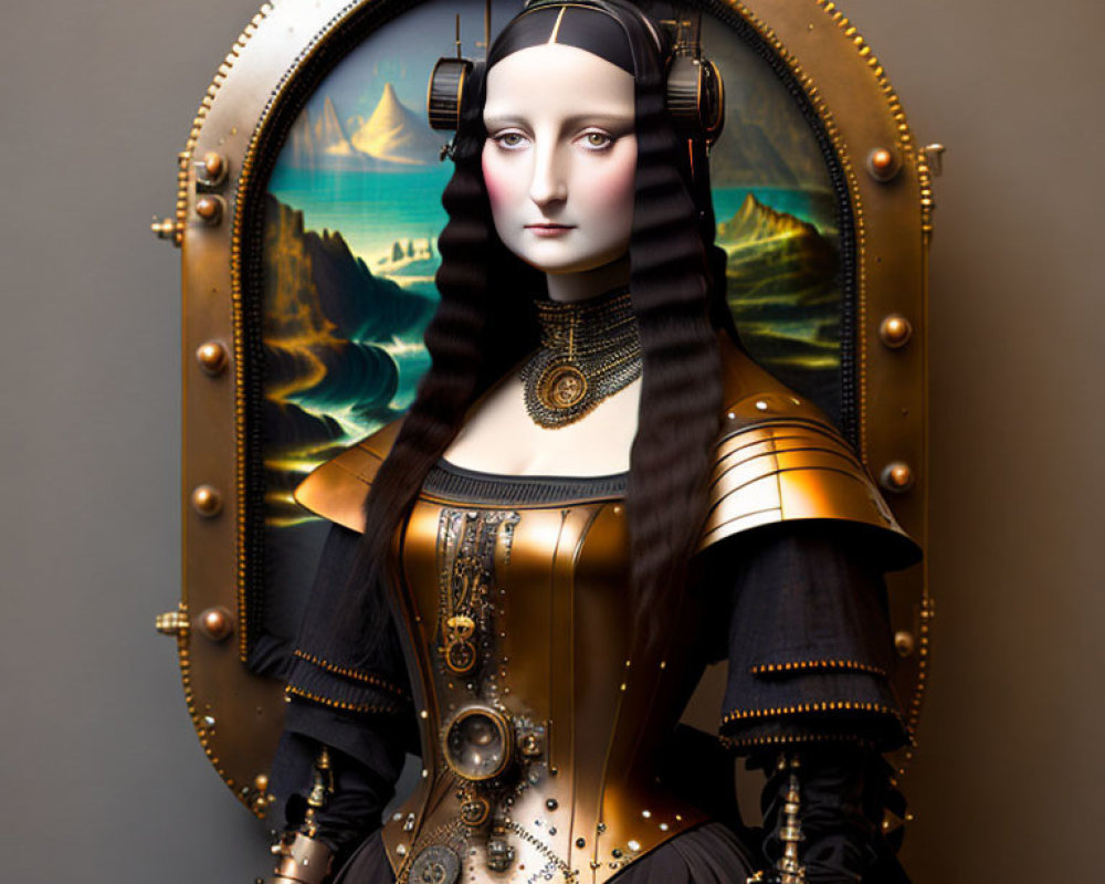 Digital artwork blending Mona Lisa with steampunk elements and coastal landscape.