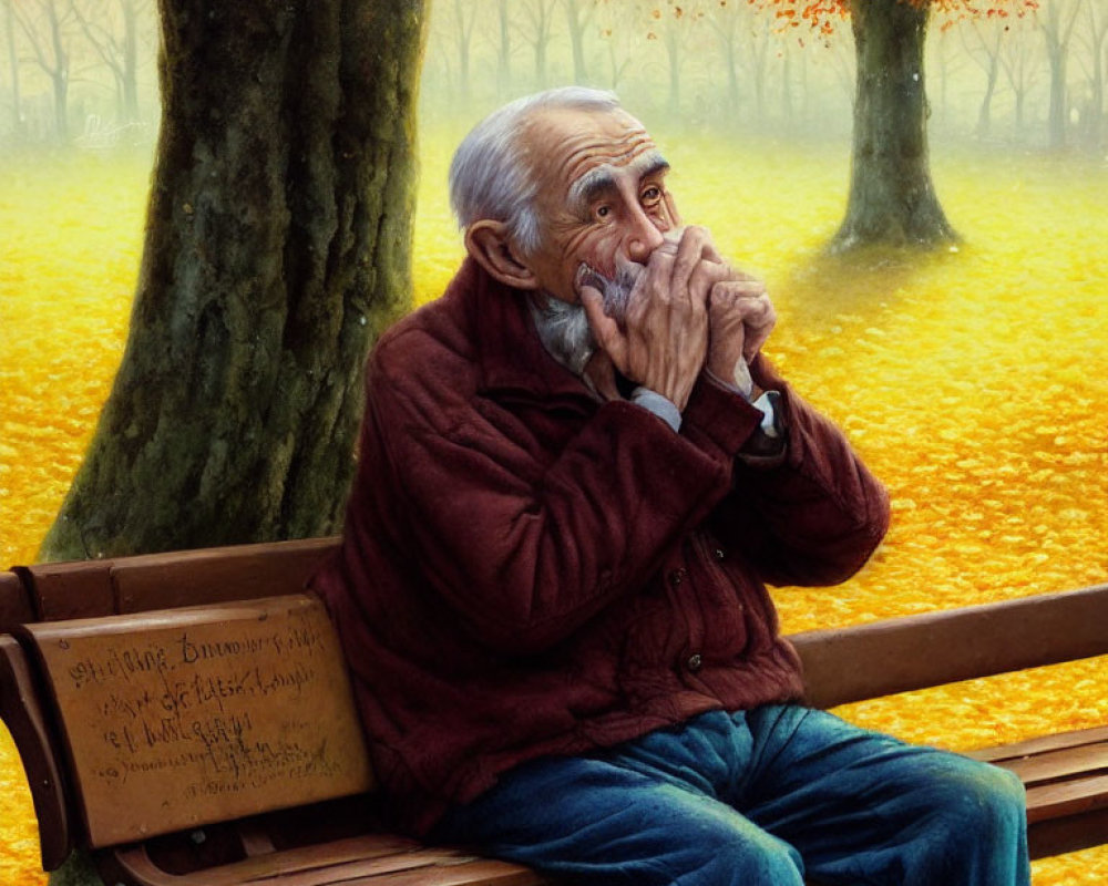 Elderly man playing harmonica in autumn park bench